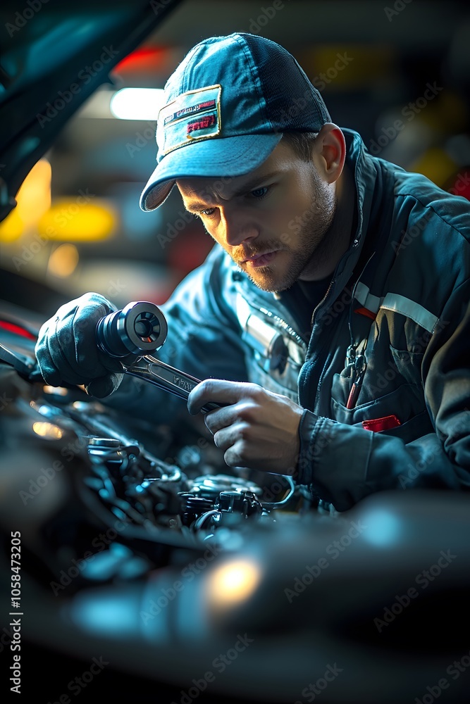 Poster a mechanic intently working on a car engine with tools in a garage setting.