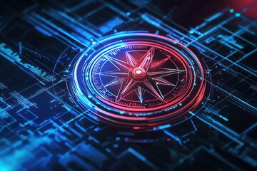 Goal compass in wireframe design illustrating the achievement of business strategies through digital technology.