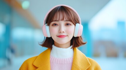 Woman wearing headphones and a yellow jacket. She is smiling and looking at the camera. Concept of happiness and contentment
