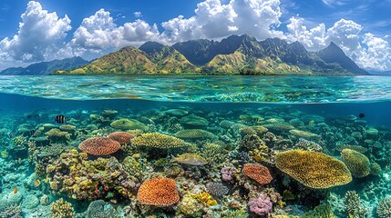 Coral reef and mountain landscape view
