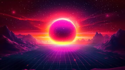 Retro 80s inspired futuristic Synthwave Sunset landscape with a perspective grid and a purple red neon sun.