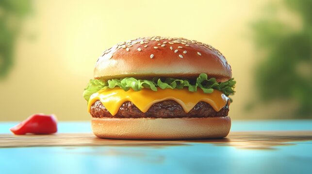 Juicy burger with melted cheese on a fresh bun, beautifully presented, perfect for capturing that delicious burger look. Plenty of space for your design needs.