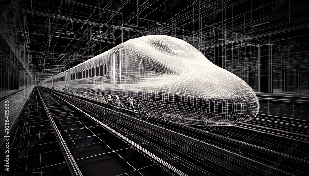 Wall mural high-speed bullet train displayed in digital wireframe on a vr railway track.