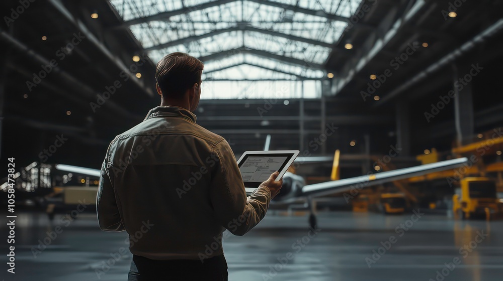 Poster revolutionary engineer directing aircraft assembly in hangar with tablet in hand