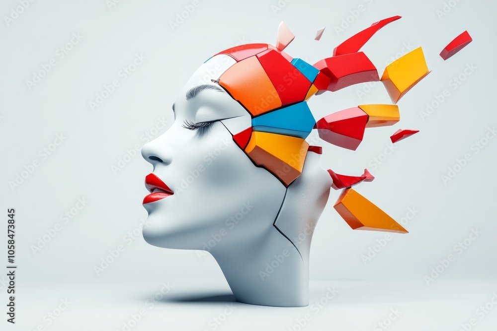 Poster woman's face is shown with a broken, fragmented appearance. the image is a representation of the con
