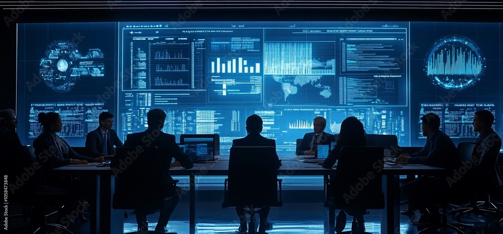 Poster silhouettes of business people in a meeting looking at a large screen with graphs, charts and data.