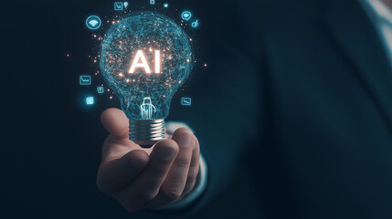 A businessman holding a light bulb with holographic text AI and chat bubbles on a virtual screen.