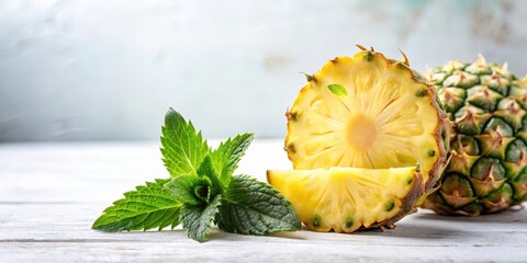 Freshly cut pineapple slices on a wooden surface with a sprig of mint leaves beside them.