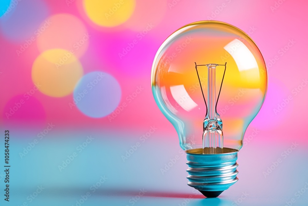 Poster light bulb is lit up and is sitting on a table. the light bulb is surrounded by a colorful backgroun