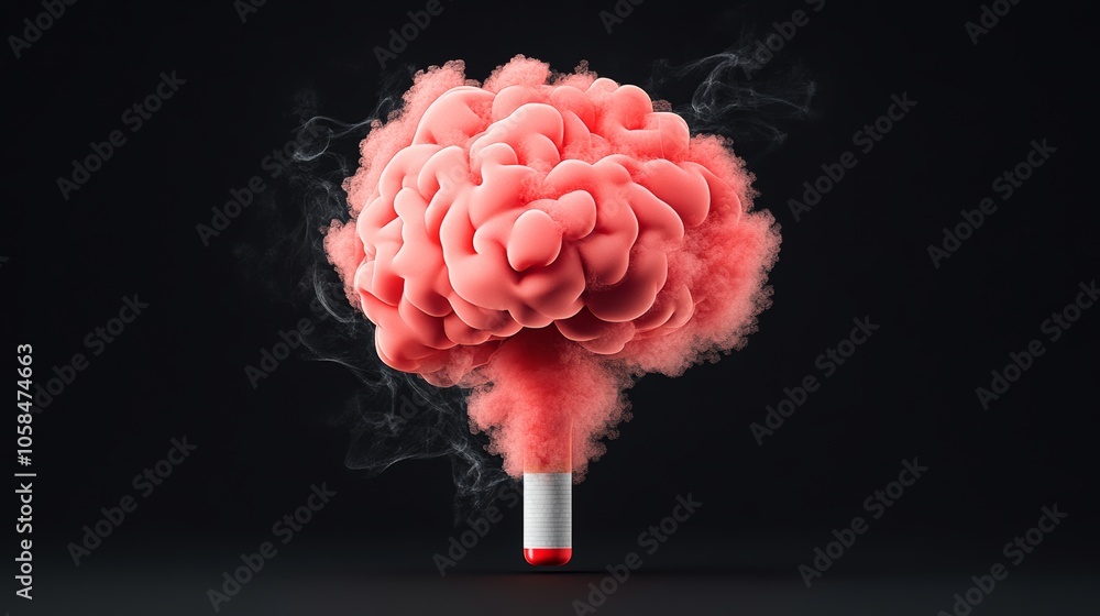 Aufkleber brain is shown in a cloud of smoke, with a red and white pill sticking out of it. concept of confusi