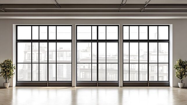 Modern and minimal house window for interior decoration isolated on background, open office glass window frame