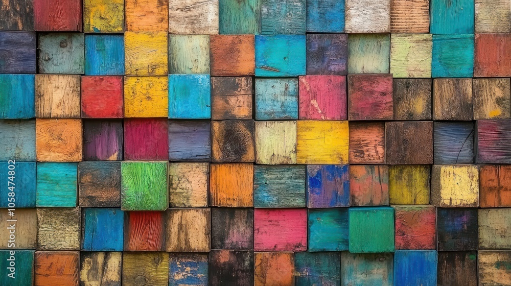 Poster wood aged art architecture texture abstract block stack on the wall for background, abstract colorfu