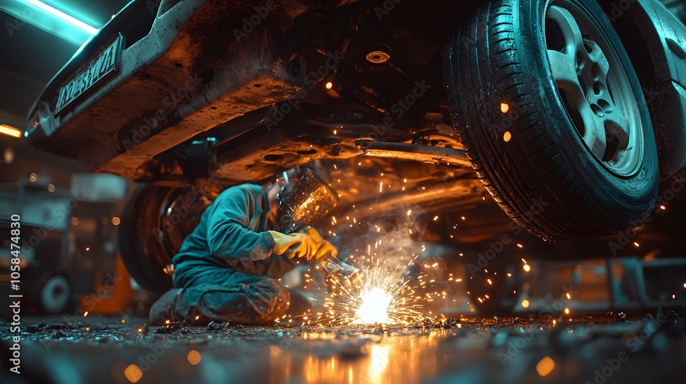 Poster a mechanic welding under a car, creating sparks in a workshop environment.