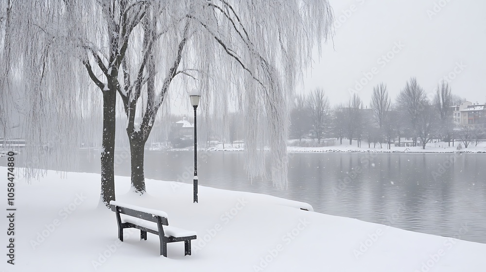 Poster snowy winter scene with bench and lamp post smooth blue background with copy space for advertisement