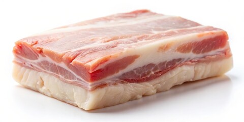 A close-up shot of a raw pork belly with layers of fat and meat, isolated on a white background.