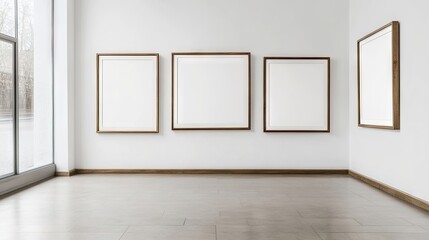 Blank picture frames arranged on a white wall background create a spacious ambiance in the room, providing ample opportunities for personalization with various artwork.
