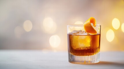 A minimalist shot of a holiday cocktail in a simple glass, garnished with a single twist of orange peel, placed on a plain white background with a soft, blurred holiday light in the distance.