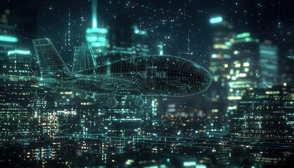 Passenger drone visualized in wireframe, cruising through a night-time cityscape.