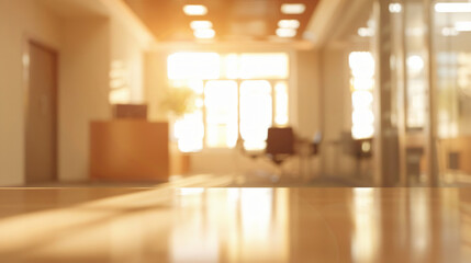 Fototapeta premium Soft focus photograph of a bright office space bathed in sunlight, showcasing a warm and inviting atmosphere for business.