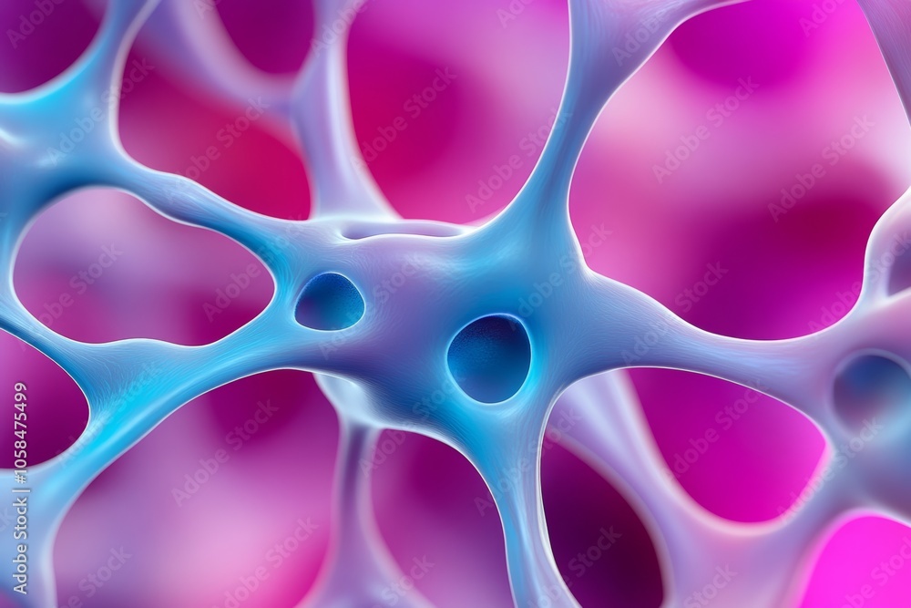Poster blue and pink image of a cell with many holes in it. the image is abstract and has a dreamy, surreal