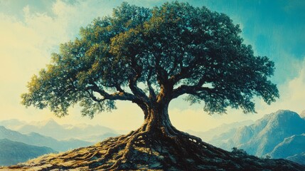 Fototapeta premium A majestic tree stands prominently against a backdrop of mountains, showcasing its sprawling branches and sturdy roots, This image is perfect for nature-themed projects, environmental campaigns