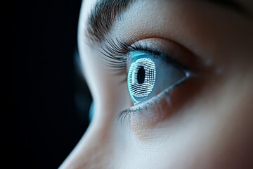 Woman's eye is lit up with a blue glow. The eye is surrounded by a circle of dots, giving it a futuristic appearance. The eye is looking straight ahead, with a sense of focus and determination