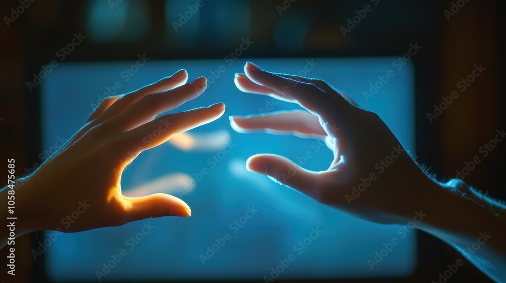 Poster two hands reaching toward each other, illuminated by a glow, suggesting connection and interaction i