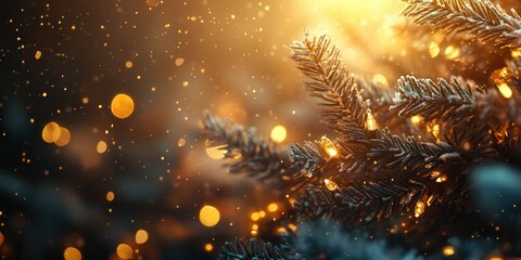 Christmas background with frosted branches, warm lights, and glowing bokeh. Holiday banners, invitations, greeting card designs, copy space
