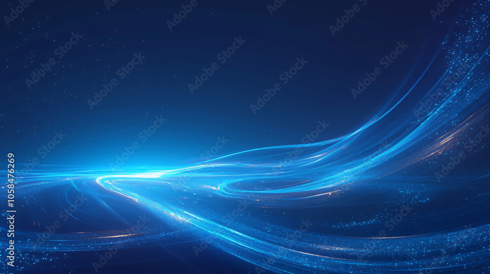 Poster abstract blue background with flowing lines and sparkling effects that create a sense of depth and m