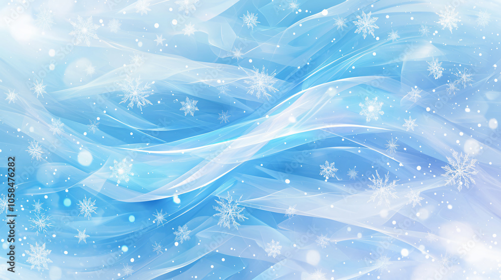 Poster soft blue abstract background with flowing textures and snowflake patterns, evoking a sense of winte