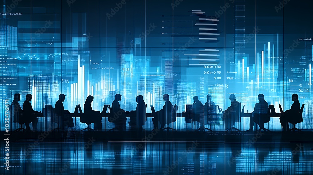 Aufkleber silhouettes of businesspeople working with data simple neutral background with free space for design