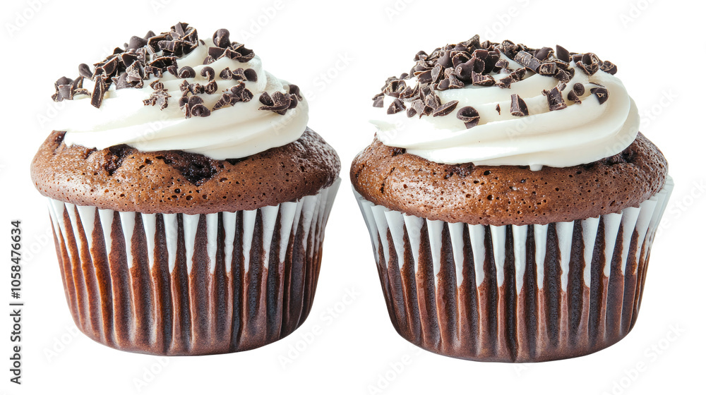 Poster chocolate muffins with creamy frosting on clear background generative ai
