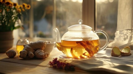 Ginger tea prepared using fresh ginger roots offers a warm and soothing experience. This ginger tea captures the essence of ginger, perfect for your cozy moments. Ideal for adding copy space.