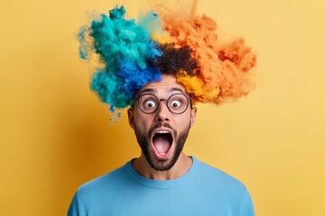 Man with a colorful wig, glasses is making funny face, opening his mouth wide. image is meant to be humorous lighthearted, with man's exaggerated expression, colorful appearance adding to comedic