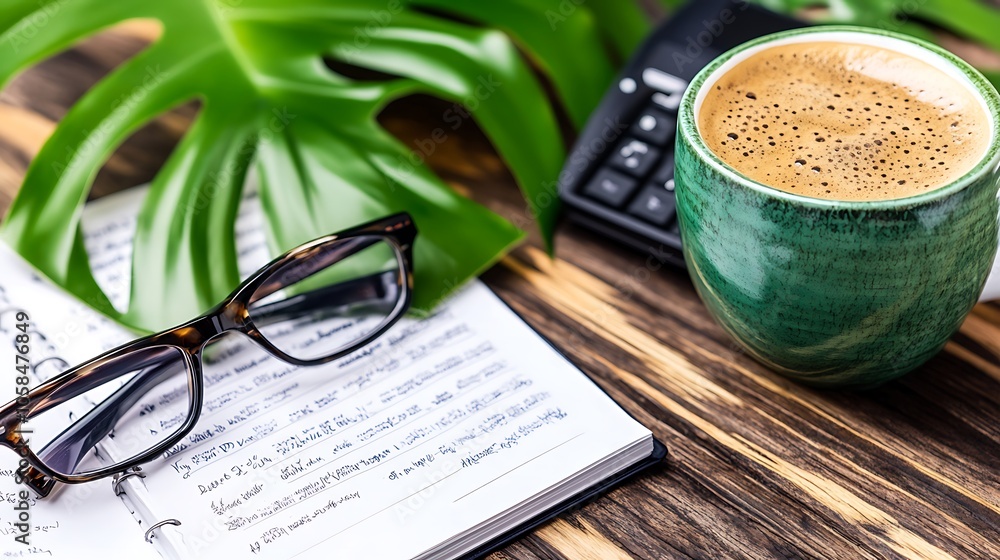 Poster coffee break with a journal subtle blur background with space for custom text