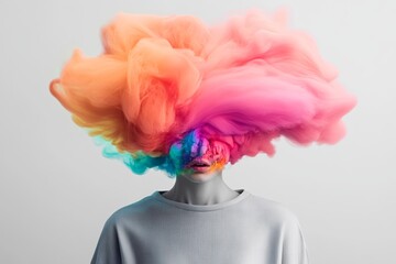 Woman with a colorful smokey hair. The hair is a mix of pink, orange, and yellow. The woman is wearing a white shirt. The image has a creative and artistic vibe