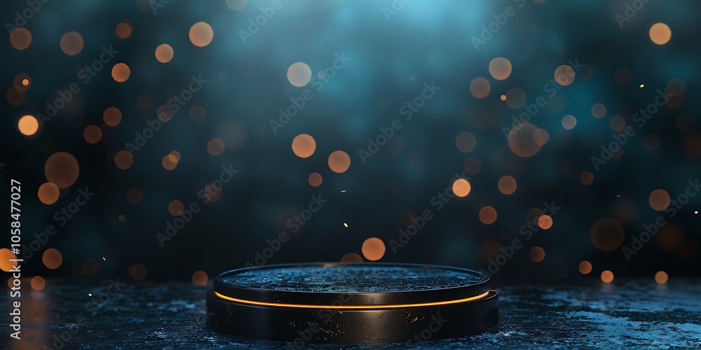 Poster abstract background with gold lights and platform smooth blue background with copy space for adverti