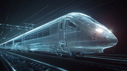 High-speed futuristic train in a low poly digital wireframe, focusing on modern transit.