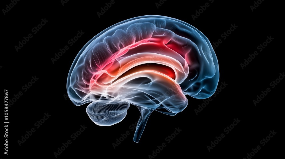 Aufkleber brain with red and yellow spots on it. the brain is in a black background. the brain is in a 3d imag