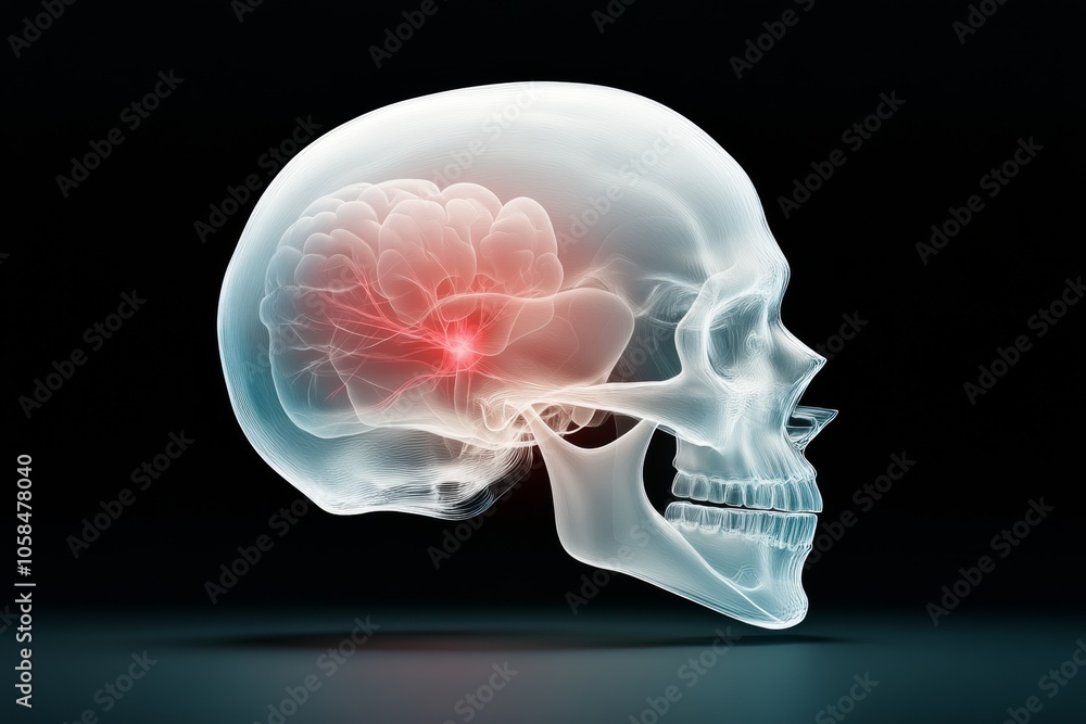 Poster skull with a red brain is shown in a black background. the skull is in a 3d format, and the brain is