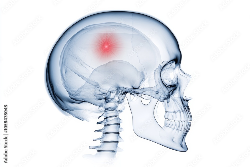 Poster skull with a red spot on the top of it. the skull is shown in a 3d image