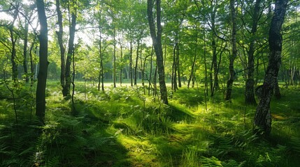 Obraz premium A tranquil forest scene showcasing vibrant greenery and dappled sunlight filtering through the trees, Ideal for nature themes, eco-friendly projects, or outdoor activities,