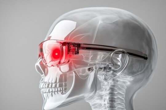 Skull with a pair of red glasses on it. The skull is in a glass case and the glasses are glowing red