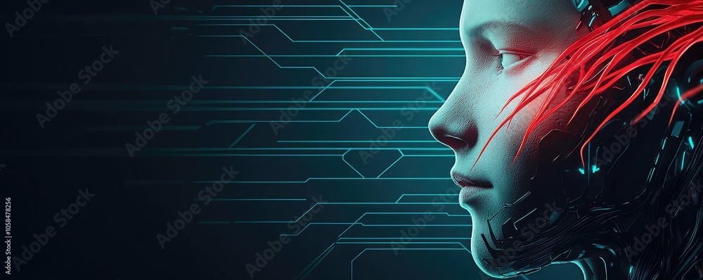 Poster futuristic human head with circuit patterns and abstract red elements.
