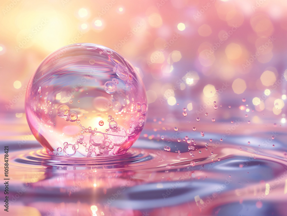 Poster close-up illustration of a translucent bubble resting on a reflective surface with soft pastel color