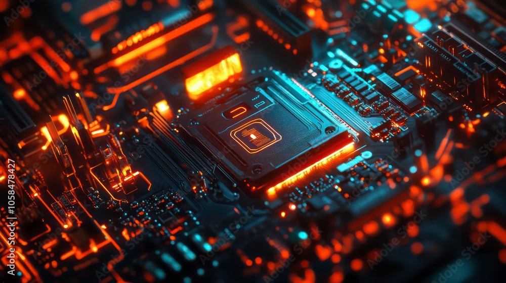 Poster secure connection or cybersecurity service concept of compute motherboard closeup and safety lock with login and connecting verified credentials as wide banner design
