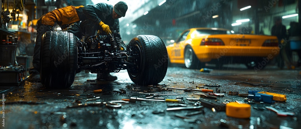 Poster a mechanic working on a vehicle in a cluttered garage with tools scattered around.