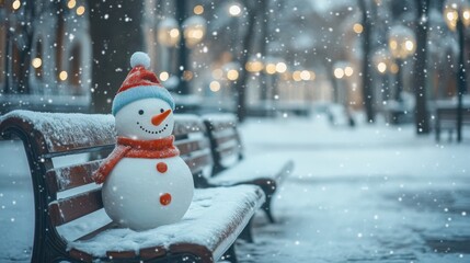 Obraz premium Snowman in a winter park with benches covered in snow, with ample space above for copy text.
