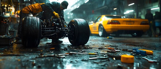 A mechanic working on a vehicle in a cluttered garage with tools scattered around.