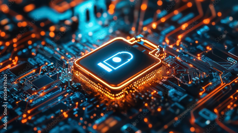 Aufkleber a close-up of a circuit board featuring a glowing security symbol, representing technology and prote